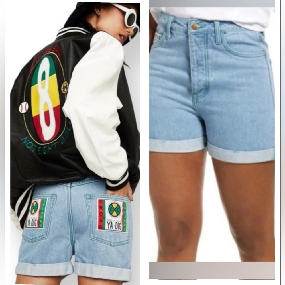 NWOT Cross Colours "Ya Dig" Cuffed High Waist Denim Jean Shorts Patches Size 28